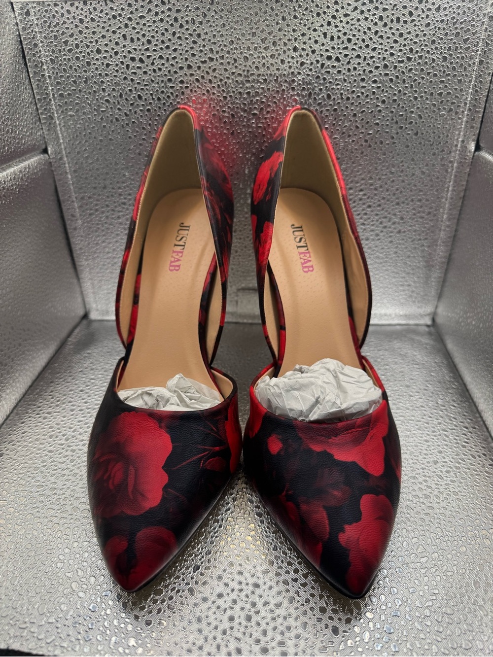 JustFab Black and Red Floral Pointed-Toe D'Orsay Pumps